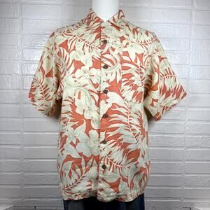 Tommy Bahama Hawaiian Shirt Mens Medium Coral Cream Floral 100% Linen Vacation